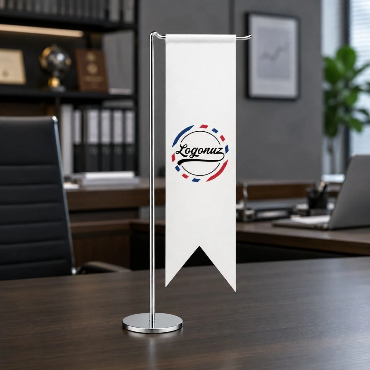 Logo Baskılı L Askılı Krom Masa Bayrağı 2