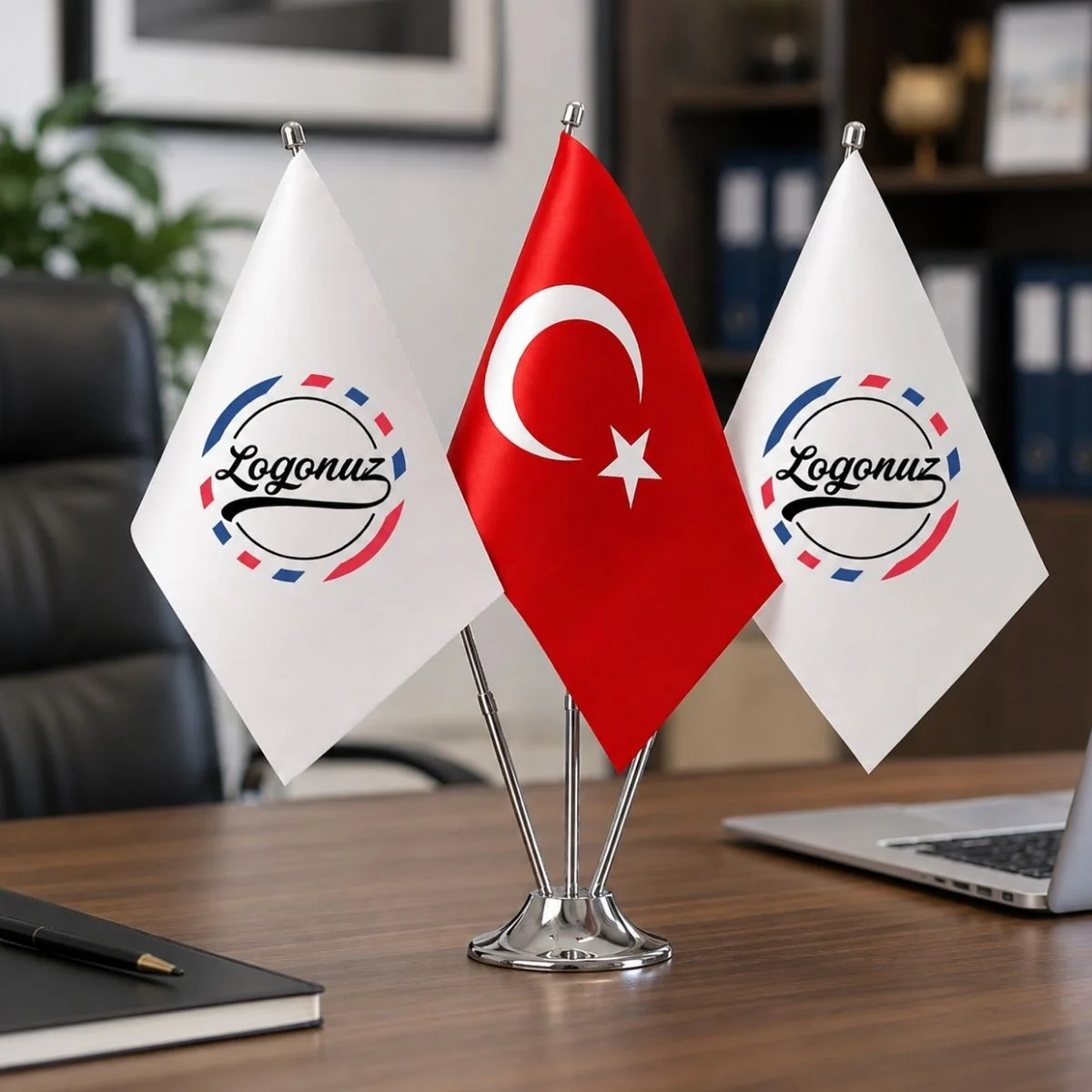 Türk Bayraklı Logo Baskılı Üçlü Masaüstü Bayraklık 2