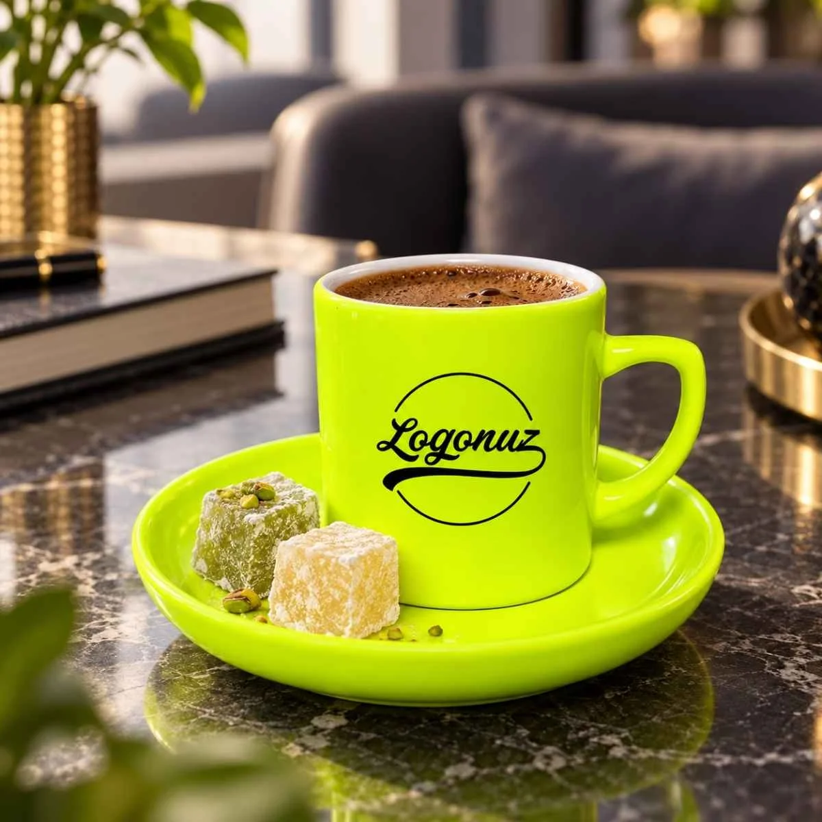 Logolu Türk Kahvesi Fincanı Neon Sarı 2