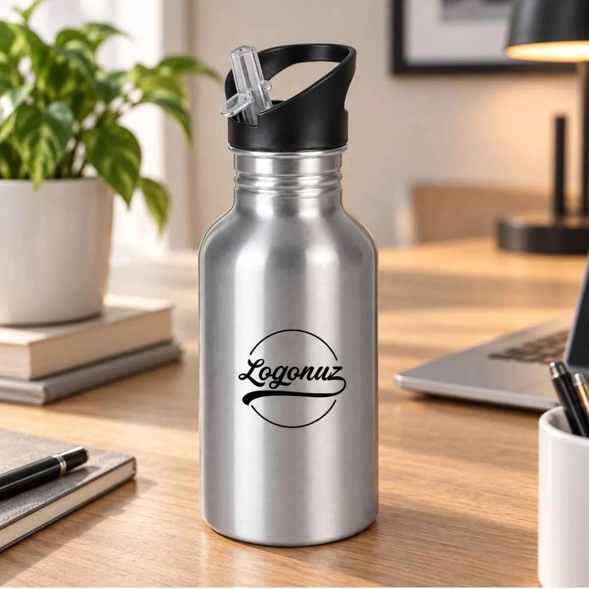 Logolu Kopçalı Pipetli Matara 600 ml 2