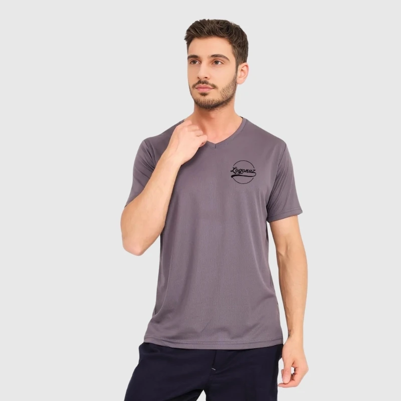 Boya Tutmayan T shirt V Yaka Gri 2