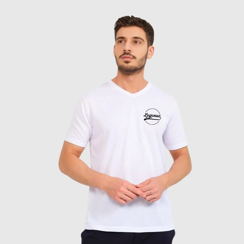 Logo Baskılı T shirt V Yaka Beyaz 2