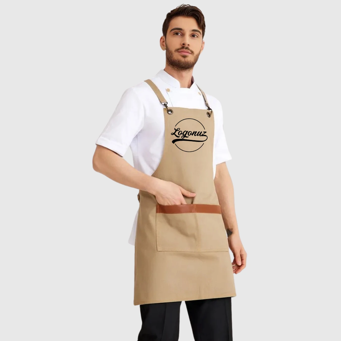 Logo Baskılı Önlük Denim Kumaş Bej 2