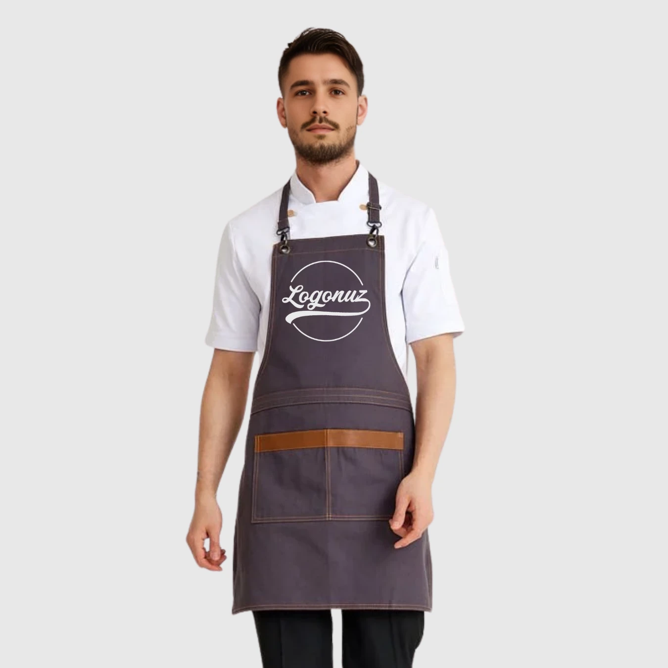 Logo Baskılı Önlük Denim Kumaş Gri