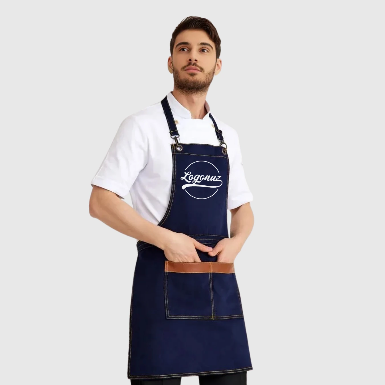 Logo Baskılı Önlük Denim Kumaş Lacivert