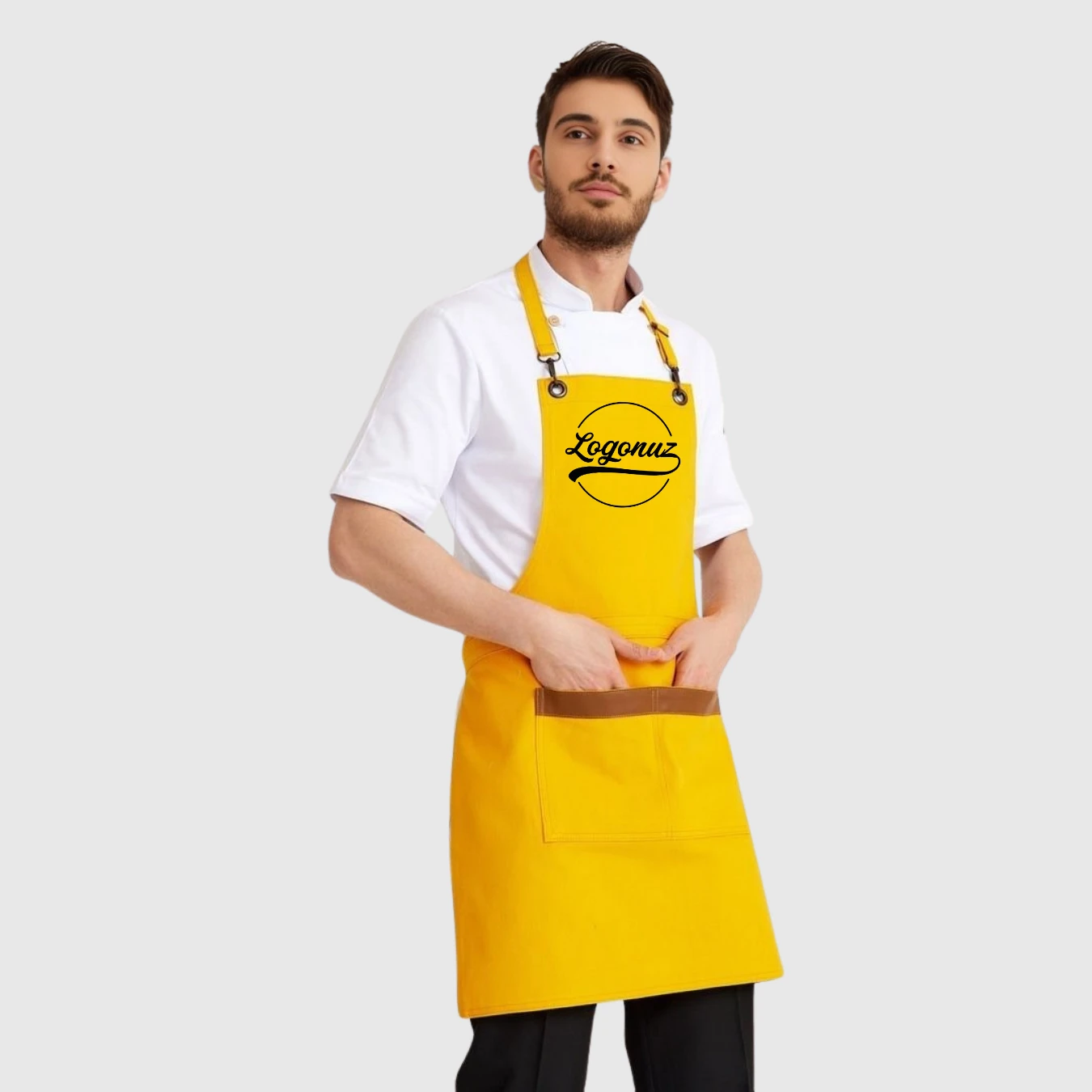 Logo Baskılı Önlük Denim Kumaş Sarı