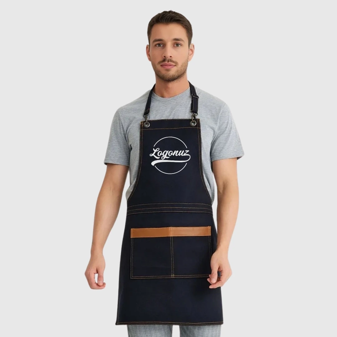Logo Baskılı Önlük Denim Kumaş Siyah