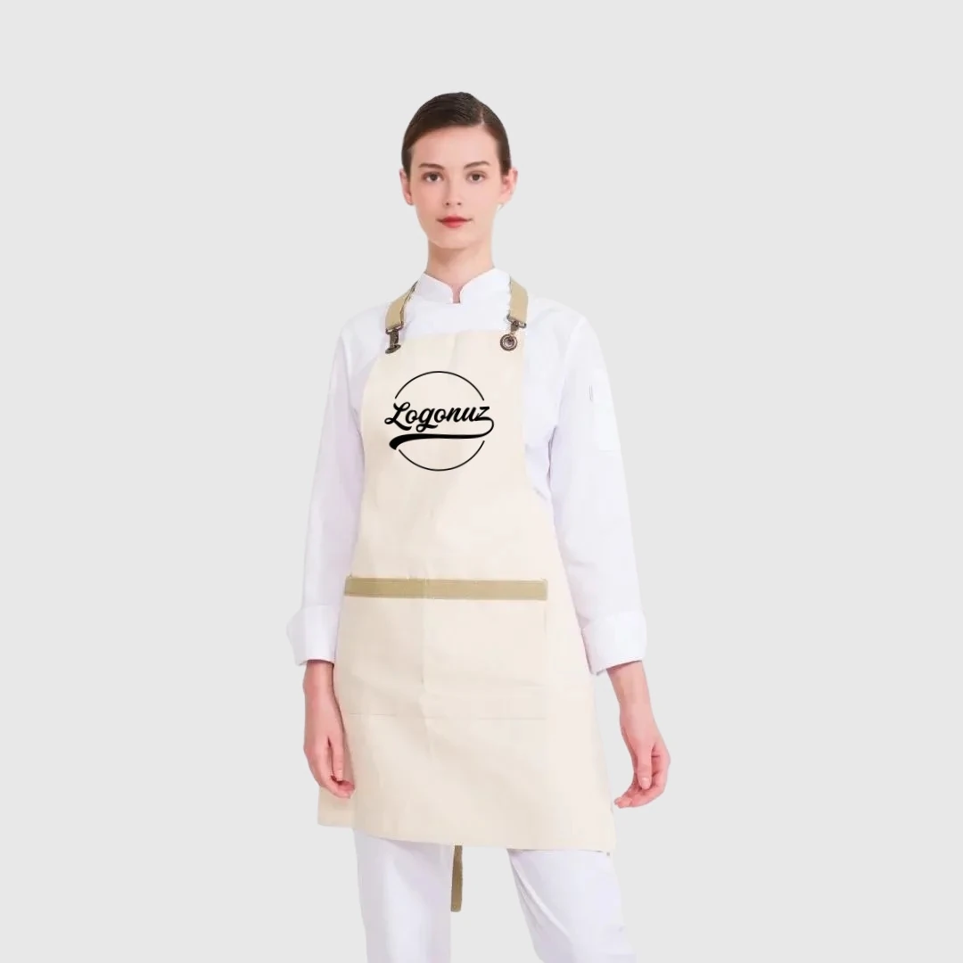 Logo Baskılı Önlük Gabardin Kumaş Krem 2