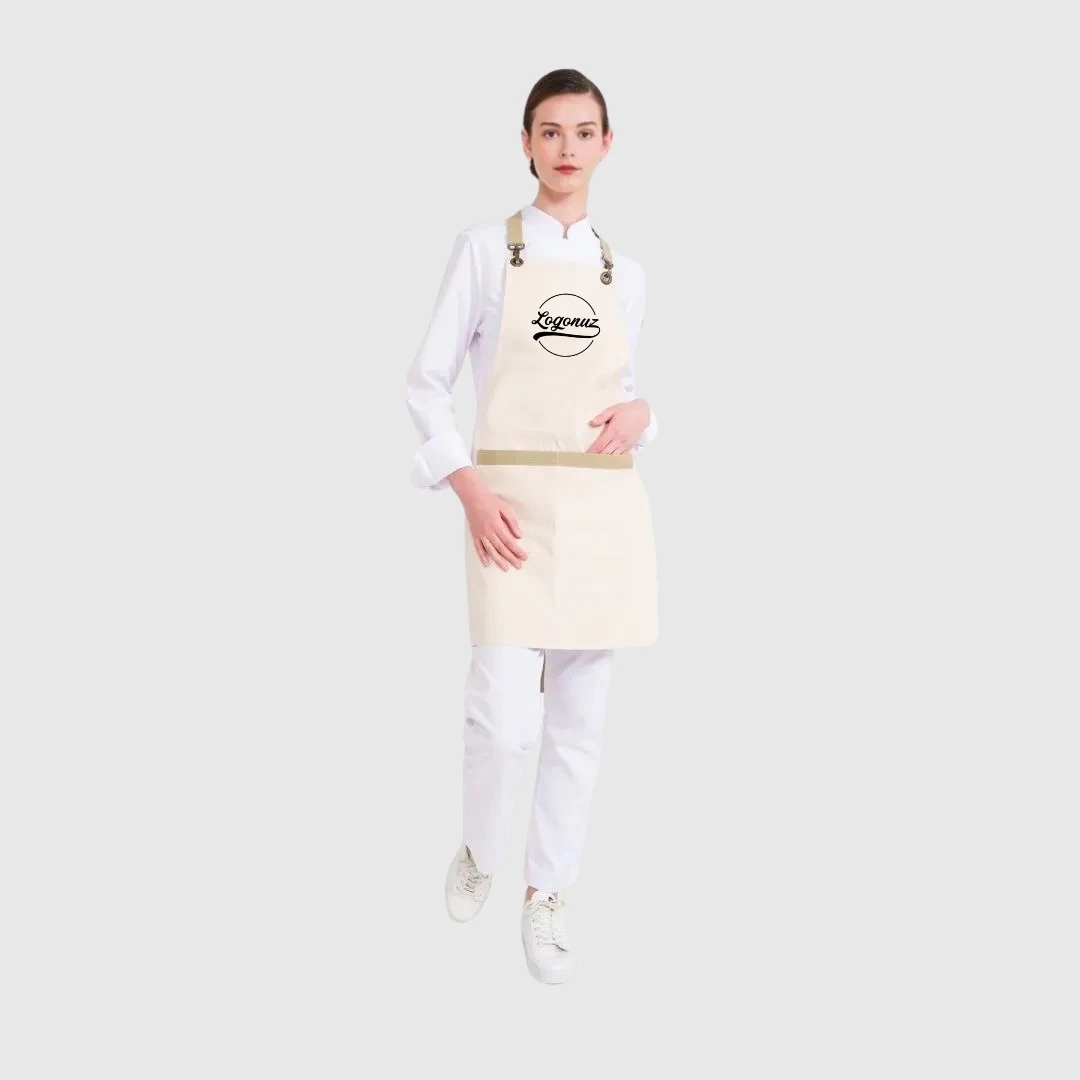 Logo Baskılı Önlük Gabardin Kumaş Krem 4