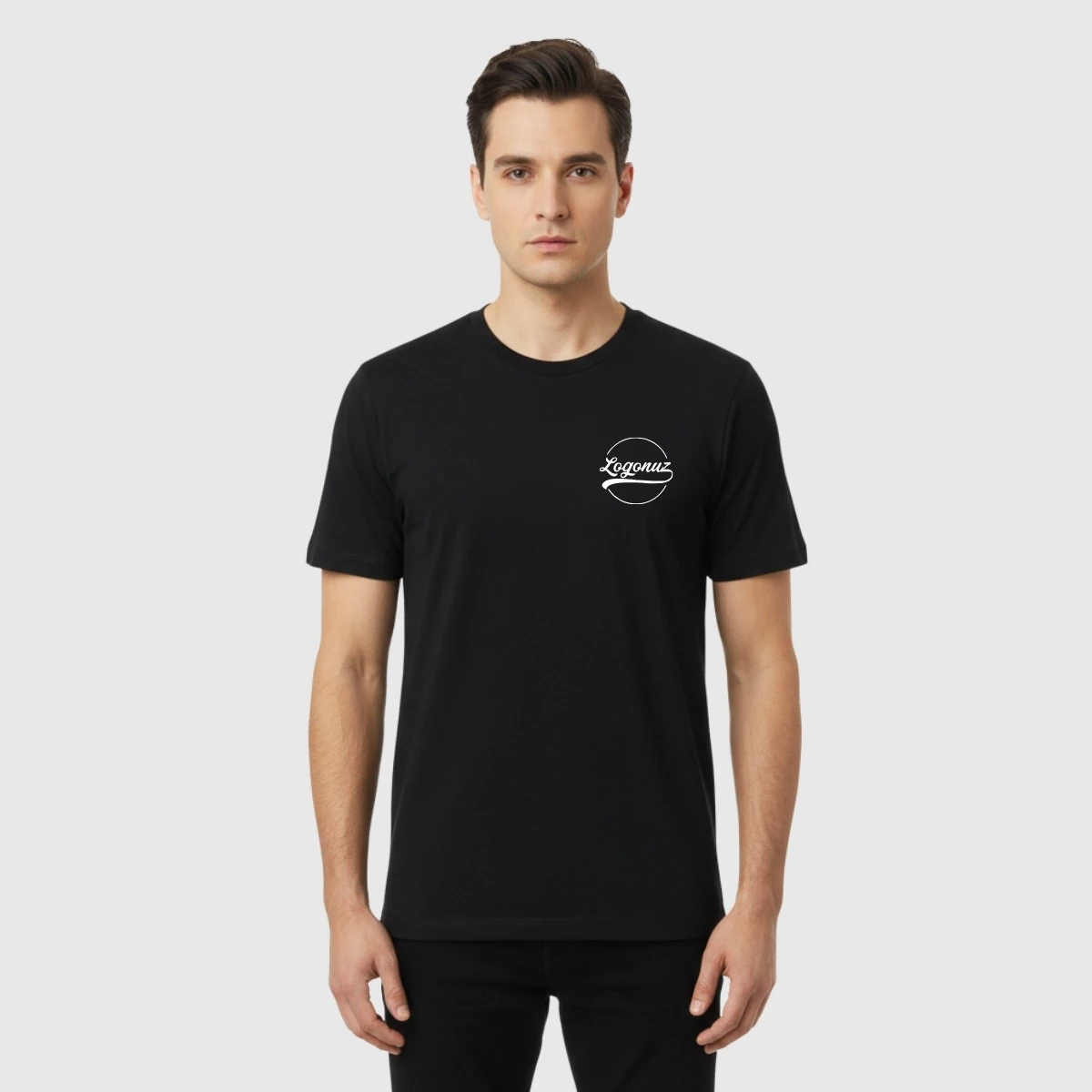 Siyah Bisiklet Yaka Pamuklu T-Shirt
